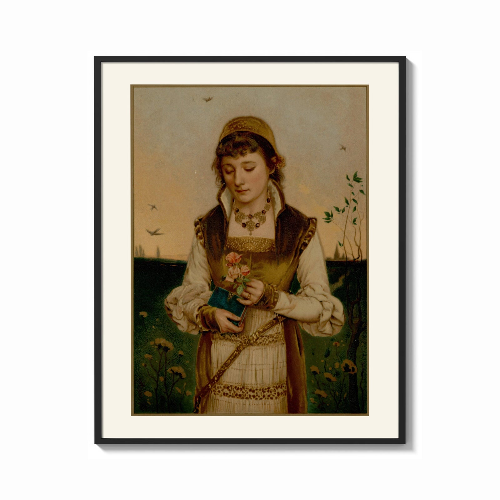 Framed Young woman holding roses and book print shown as a bold statement piece on a clean gallery wall