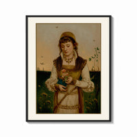 Framed Young woman holding roses and book print shown as a bold statement piece on a clean gallery wall
