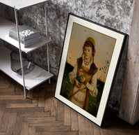 Young woman holding roses and book poster in a black frame leaning beside a shelf in a raw-plaster loft