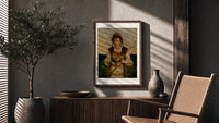 Young woman holding roses and book poster framed above a fluted sideboard beside an olive tree