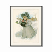 Framed Blonde girl in plumed hat holding violets print shown as a bold statement piece on a clean gallery wall