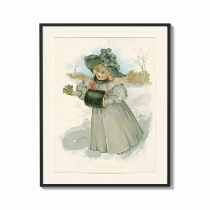 Framed Blonde girl in plumed hat holding violets print shown as a bold statement piece on a clean gallery wall