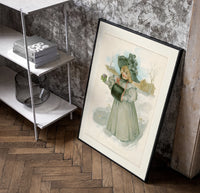 Blonde girl in plumed hat holding violets poster in a black frame leaning beside a shelf in a raw-plaster loft