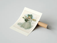 Rolled Blonde girl in plumed hat holding violets poster beside its crush-resistant kraft shipping tube