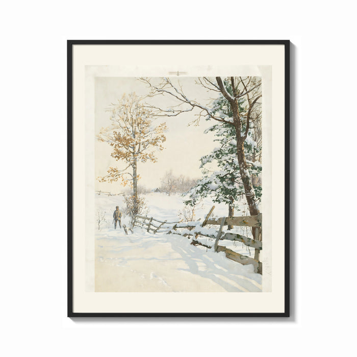 Framed Hunter and dog in snowy landscape print shown as a bold statement piece on a clean gallery wall