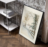 Hunter and dog in snowy landscape poster in a black frame leaning beside a shelf in a raw-plaster loft