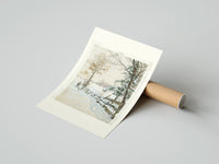 Rolled Hunter and dog in snowy landscape poster beside its crush-resistant kraft shipping tube