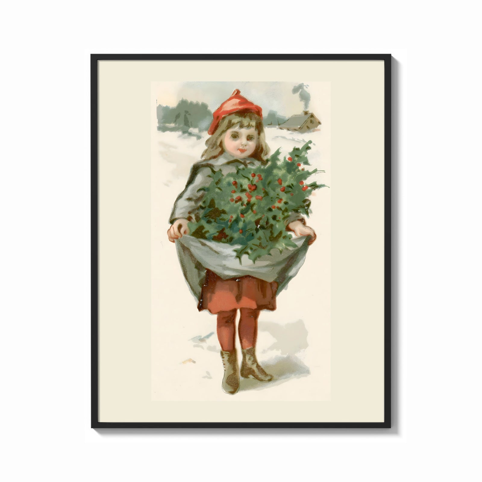 Framed Girl carrying holly branches in apron print shown as a bold statement piece on a clean gallery wall