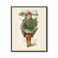 Framed Girl carrying holly branches in apron print shown as a bold statement piece on a clean gallery wall