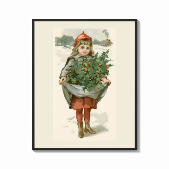 Framed Girl carrying holly branches in apron print shown as a bold statement piece on a clean gallery wall