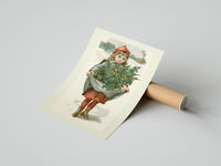 Rolled Girl carrying holly branches in apron poster beside its crush-resistant kraft shipping tube
