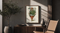 Girl carrying holly branches in apron poster framed above a fluted sideboard beside an olive tree