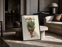 Girl carrying holly branches in apron print in a black frame leaning on a travertine table in a sunlit lounge