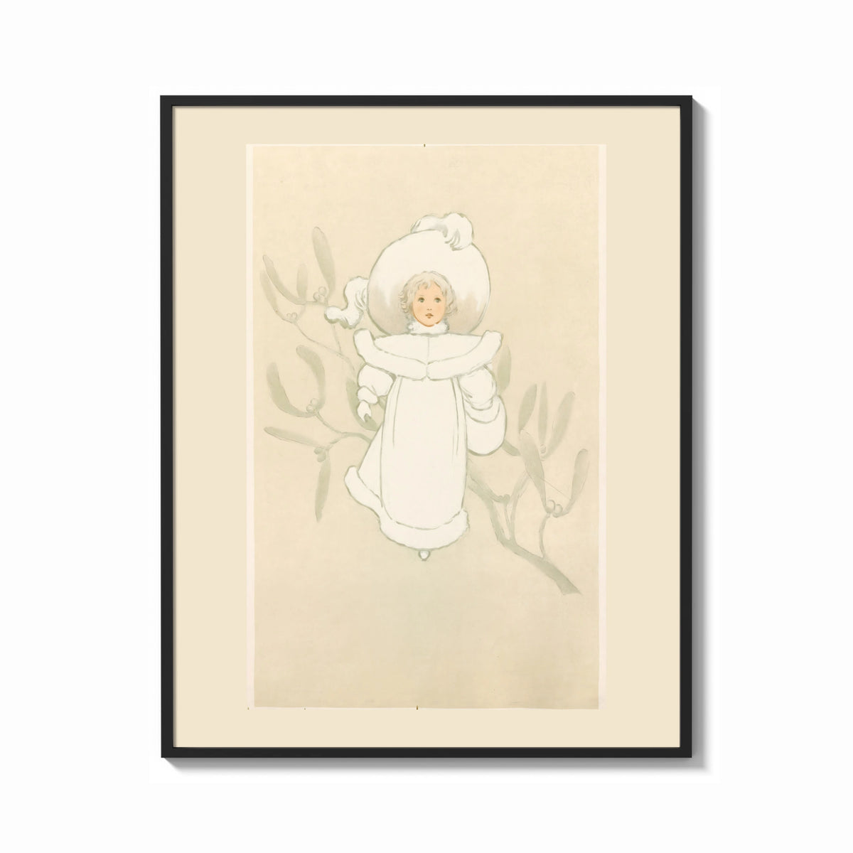 Framed Child in white winter coat and bonnet print shown as a bold statement piece on a clean gallery wall