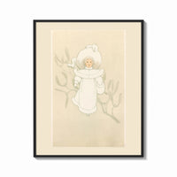 Framed Child in white winter coat and bonnet print shown as a bold statement piece on a clean gallery wall