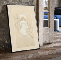 Child in white winter coat and bonnet print in a black frame leaning beside a vintage door on parquet