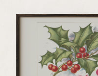 Close-up of the Holly sprig with red berries print's dark wood frame corner and archival matte paper