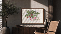 Holly sprig with red berries print in a wood frame above a fluted sideboard beside an olive tree