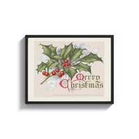 Framed Holly sprig with red berries print shown as a wide statement piece on a clean white wall