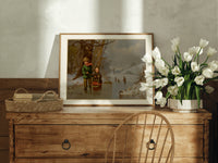 Two children with sled on ice print in an oak frame on a farmhouse dresser beside white tulips
