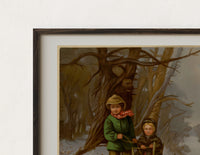 Close-up of the Two children with sled on ice print's dark wood frame corner and archival matte paper