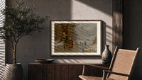 Two children with sled on ice print in a wood frame above a fluted sideboard beside an olive tree