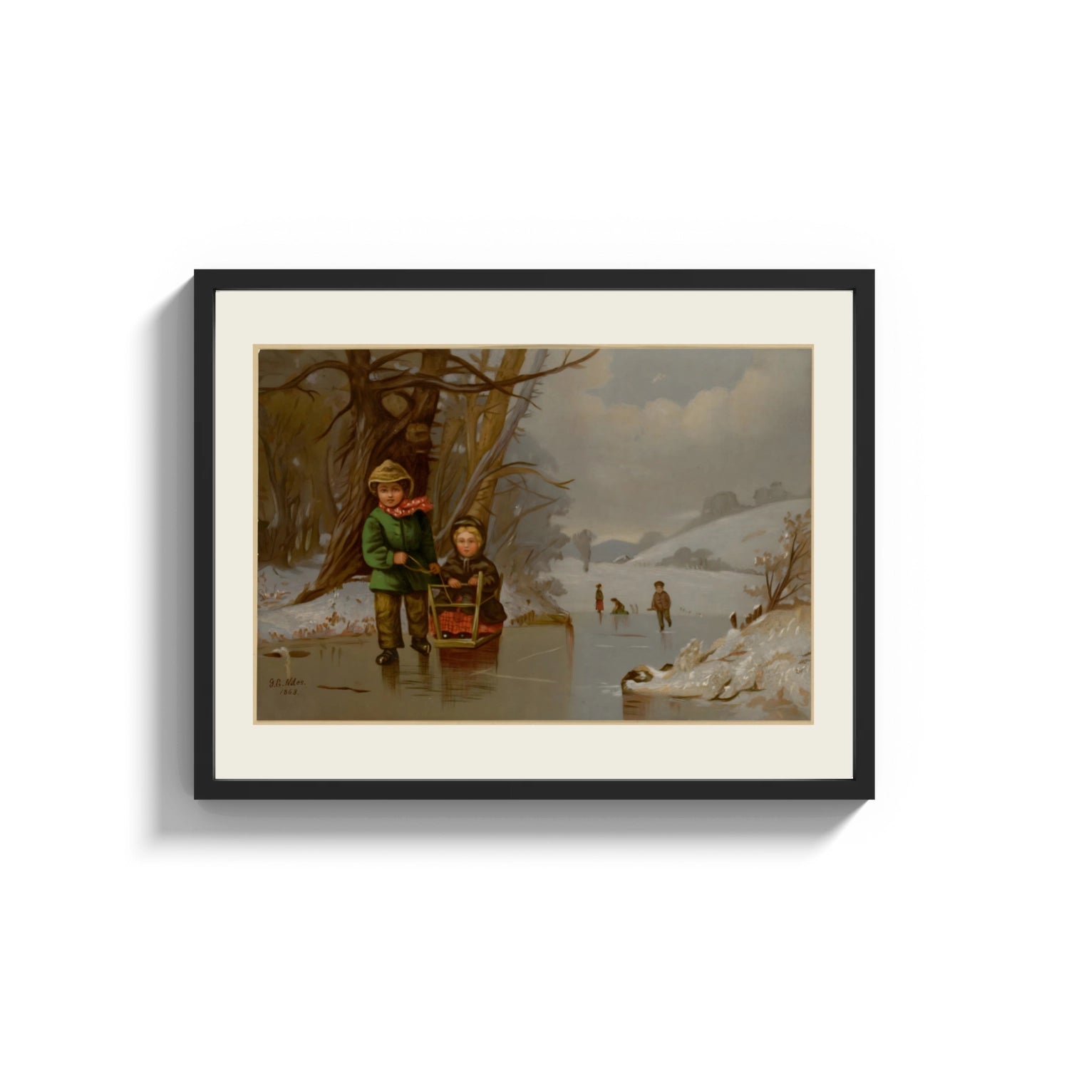 Framed Two children with sled on ice print shown as a wide statement piece on a clean white wall