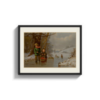 Framed Two children with sled on ice print shown as a wide statement piece on a clean white wall