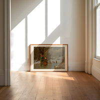 Two children with sled on ice print in an oak frame on a sunlit wood floor beneath tall window light