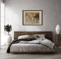 Snowshoers in winter forest print in a dark wood frame above a rattan bed on a plaster wall