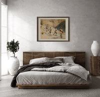 Snowshoers in winter forest print in a wood frame above a bed with a woven cane headboard