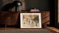 Snowshoers in winter forest print in a black frame leaning against a walnut console in lamplight