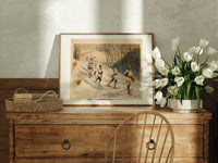 Snowshoers in winter forest print in an oak frame on a farmhouse dresser beside white tulips