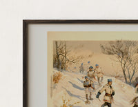 Close-up of the Snowshoers in winter forest print's dark wood frame corner and archival matte paper
