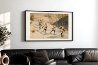 Snowshoers in winter forest print in a black frame above a black leather sofa on a white wall