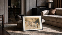 Snowshoers in winter forest print in a slim black frame leaning on a travertine coffee table