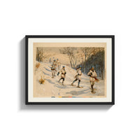 Framed Snowshoers in winter forest print shown as a wide statement piece on a clean white wall