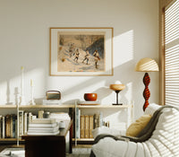 Snowshoers in winter forest print in an oak frame above a mid-century book console with a vintage radio