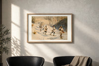 Snowshoers in winter forest print in an oak frame on a sunlit wall above two leather armchairs