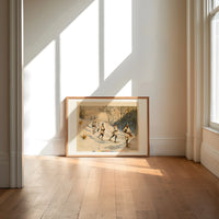 Snowshoers in winter forest print in an oak frame on a sunlit wood floor beneath tall window light