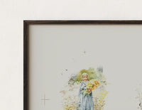 Close-up of the Two young girls holding flowers print's dark wood frame corner and archival matte paper