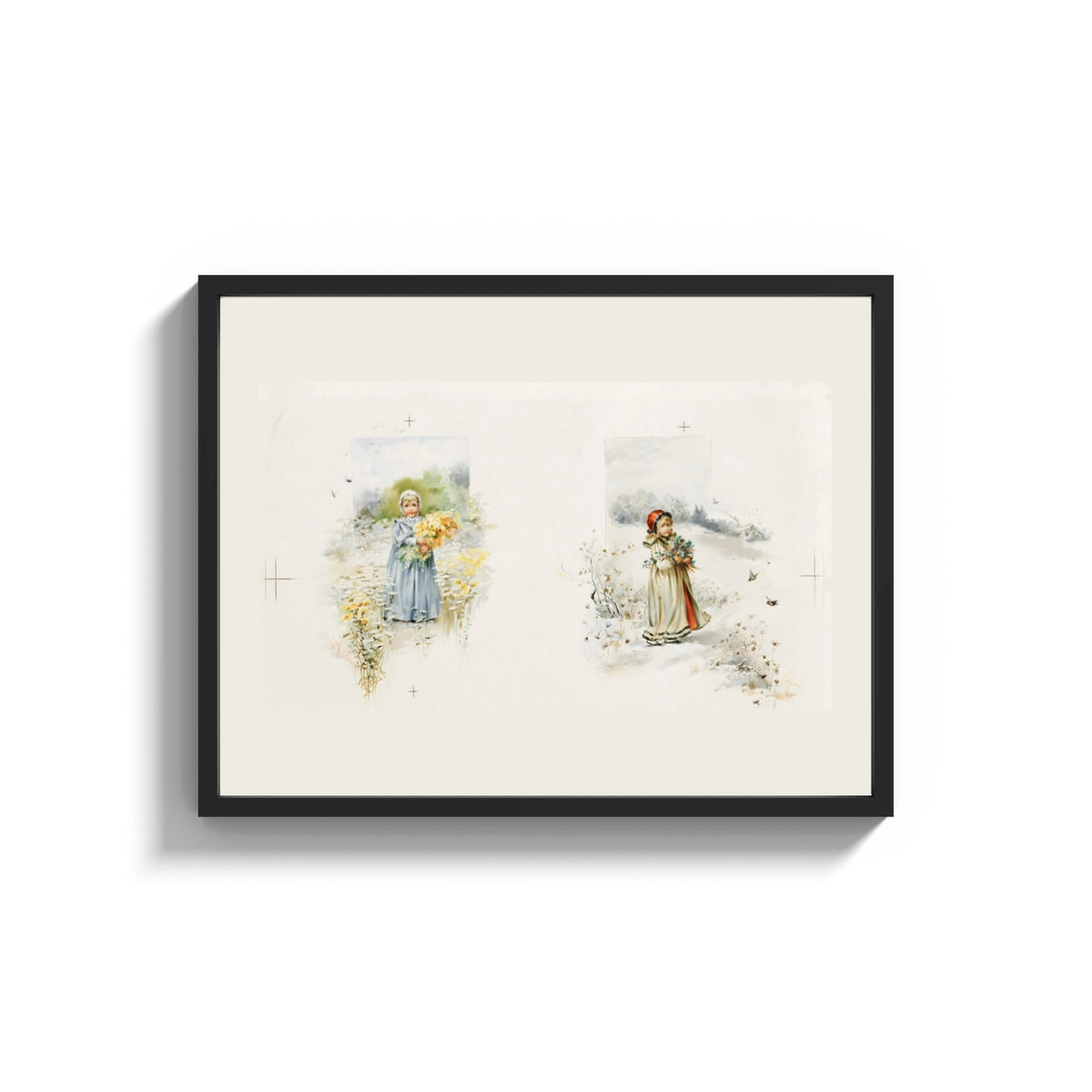 Framed Two young girls holding flowers print shown as a wide statement piece on a clean white wall