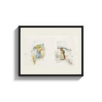 Framed Two young girls holding flowers print shown as a wide statement piece on a clean white wall
