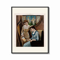 Framed Two Victorian women looking at painting print shown as a bold statement piece on a clean gallery wall