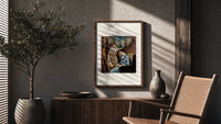 Two Victorian women looking at painting poster framed above a fluted sideboard beside an olive tree