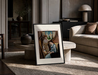 Two Victorian women looking at painting print in a black frame leaning on a travertine table in a sunlit lounge