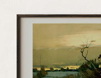 Close-up of the Winter landscape with bare trees print's dark wood frame corner and archival matte paper