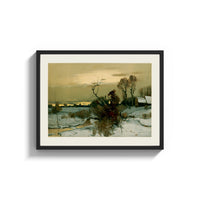 Framed Winter landscape with bare trees print shown as a wide statement piece on a clean white wall