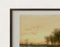 Close-up of the Winter landscape with frozen stream print's dark wood frame corner and archival matte paper