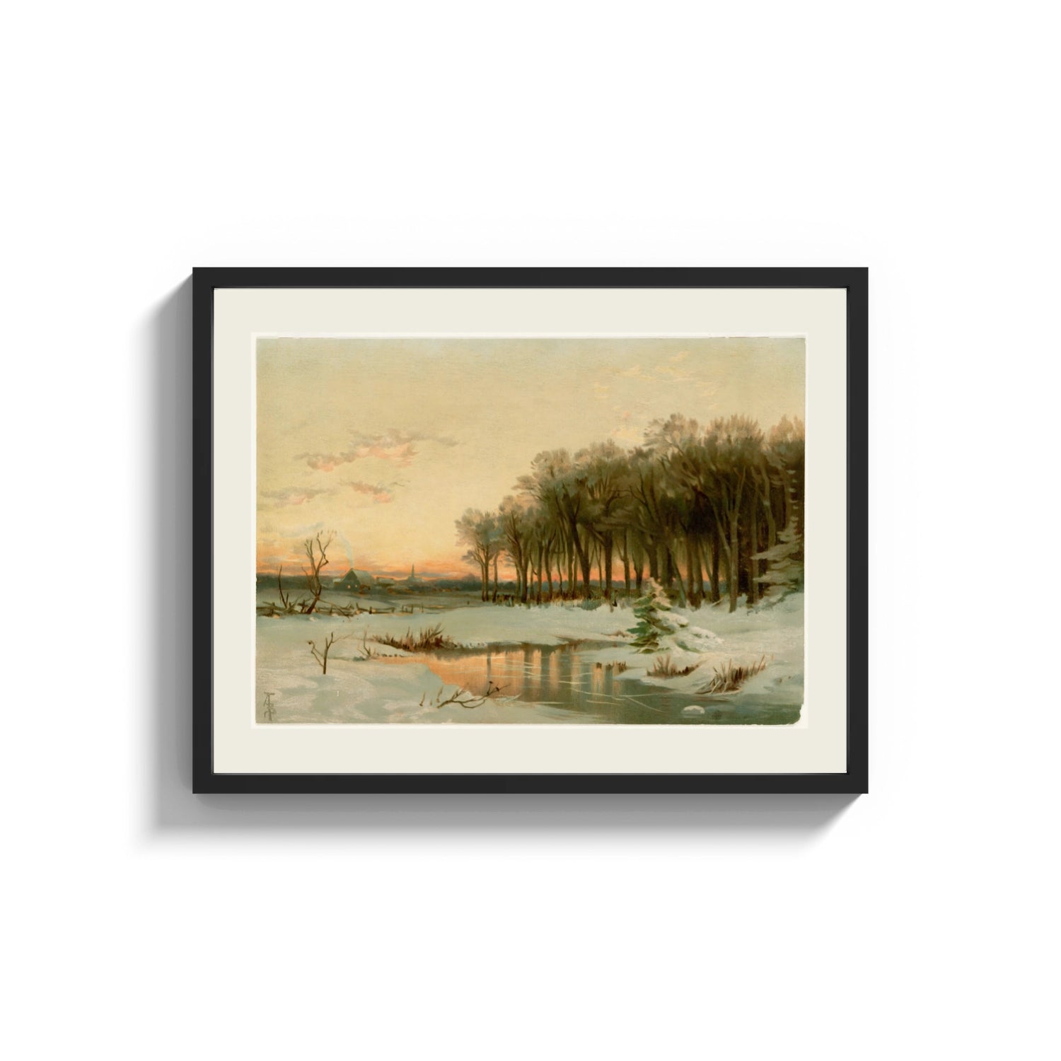 Framed Winter landscape with frozen stream print shown as a wide statement piece on a clean white wall